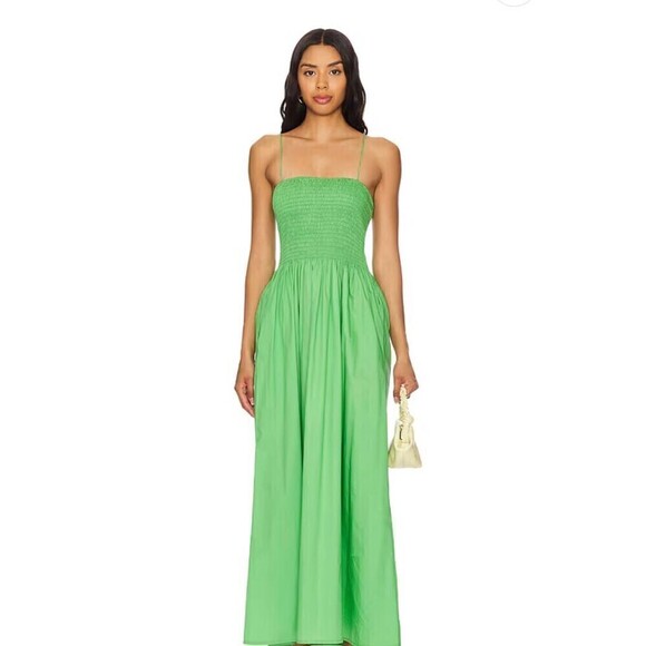 Faithfull The Brand Tergu Maxi Dress Mediu Green Poplin Smocked Adjustable Strap - Picture 3 of 13